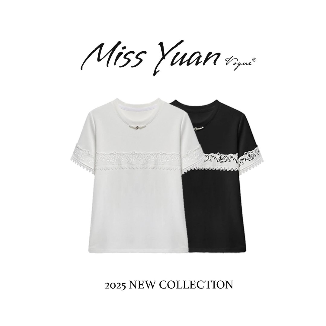 M.Y 媛总  66360#CSIN轻奢蕾丝拼接T恤2025百搭设计师个性上衣
