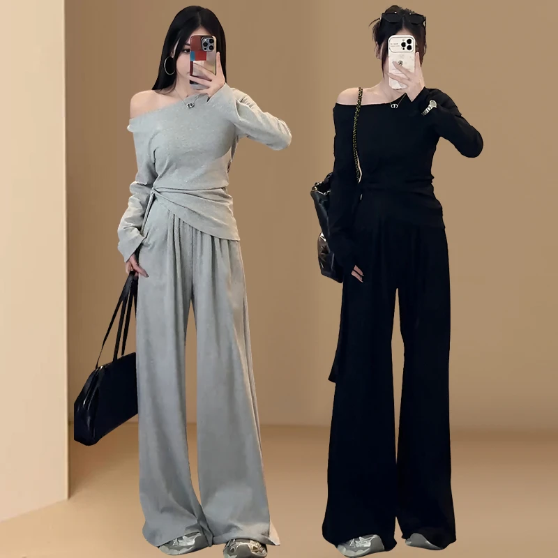 茶系穿搭套装露肩不规则长袖上衣女春秋休闲阔腿长裤灰色两件套