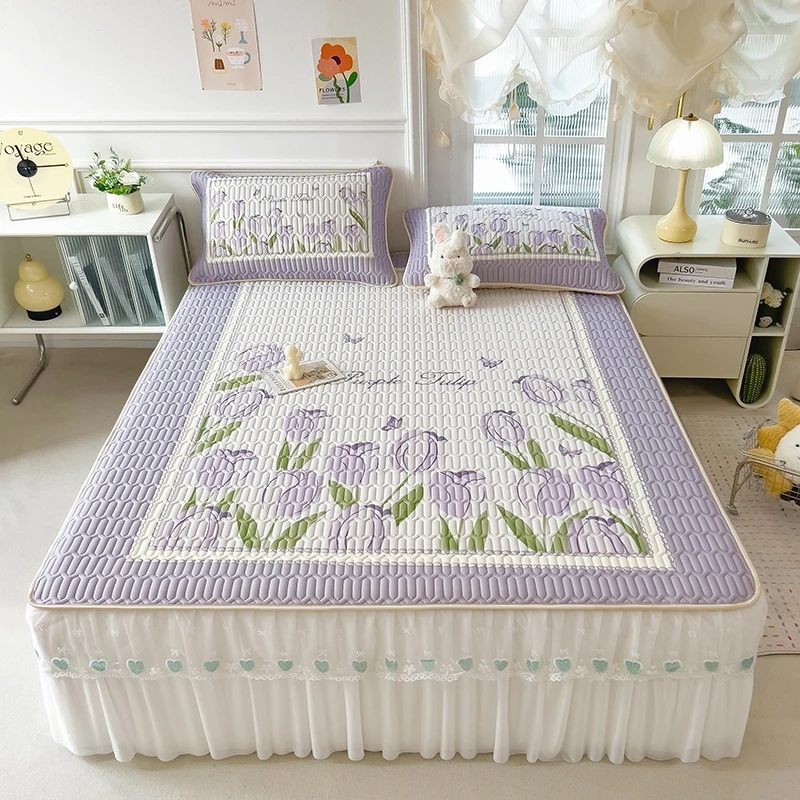 2025新款乳胶印花大版蕾丝凉席床裙款三件套凉席空调席凉爽透气亲