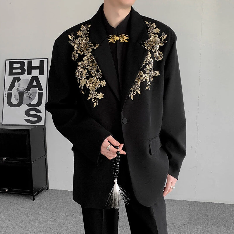 高级感立体绣花轻奢西服外套男新中式国风设计感重工亮片痞帅西装