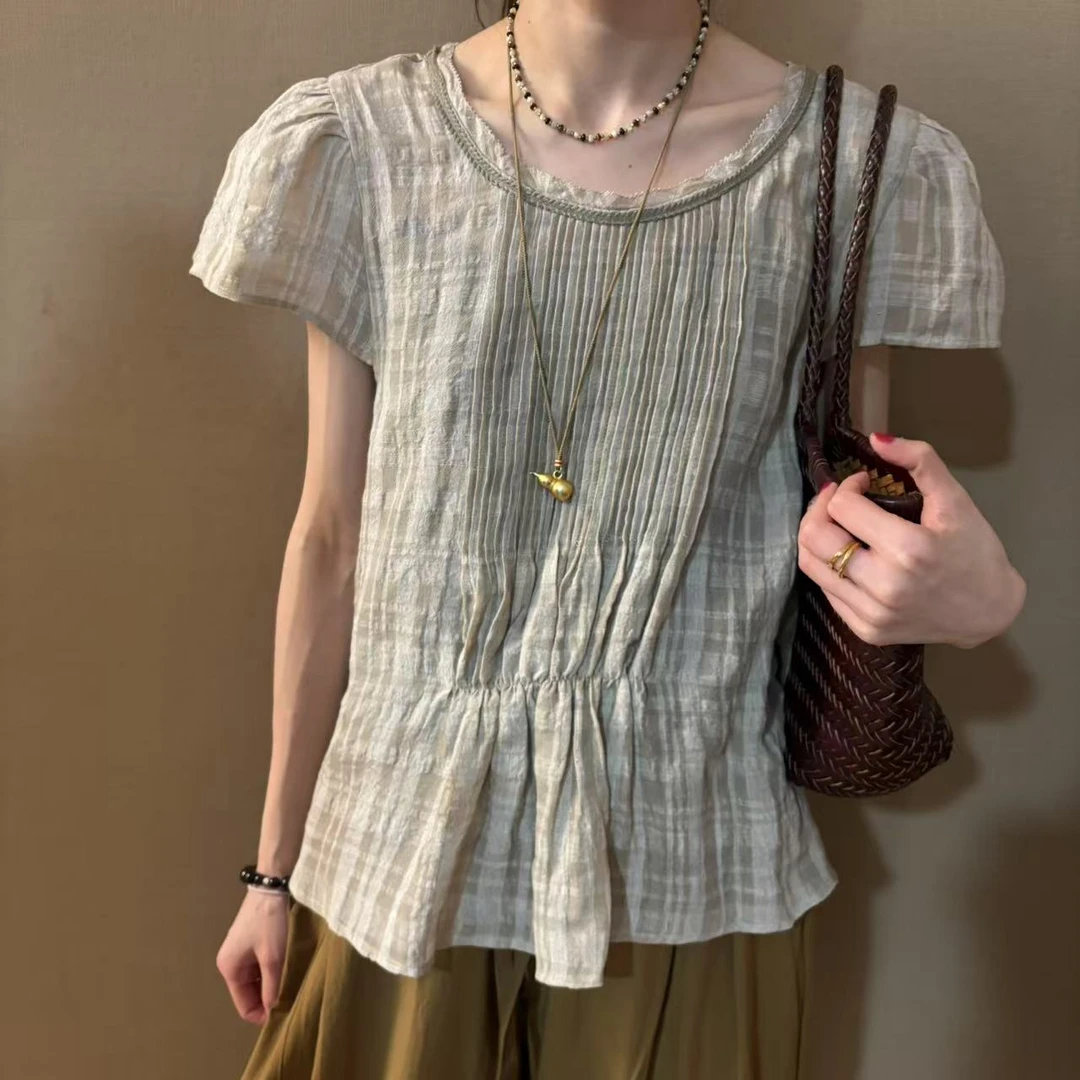 简约细格褶皱小衫