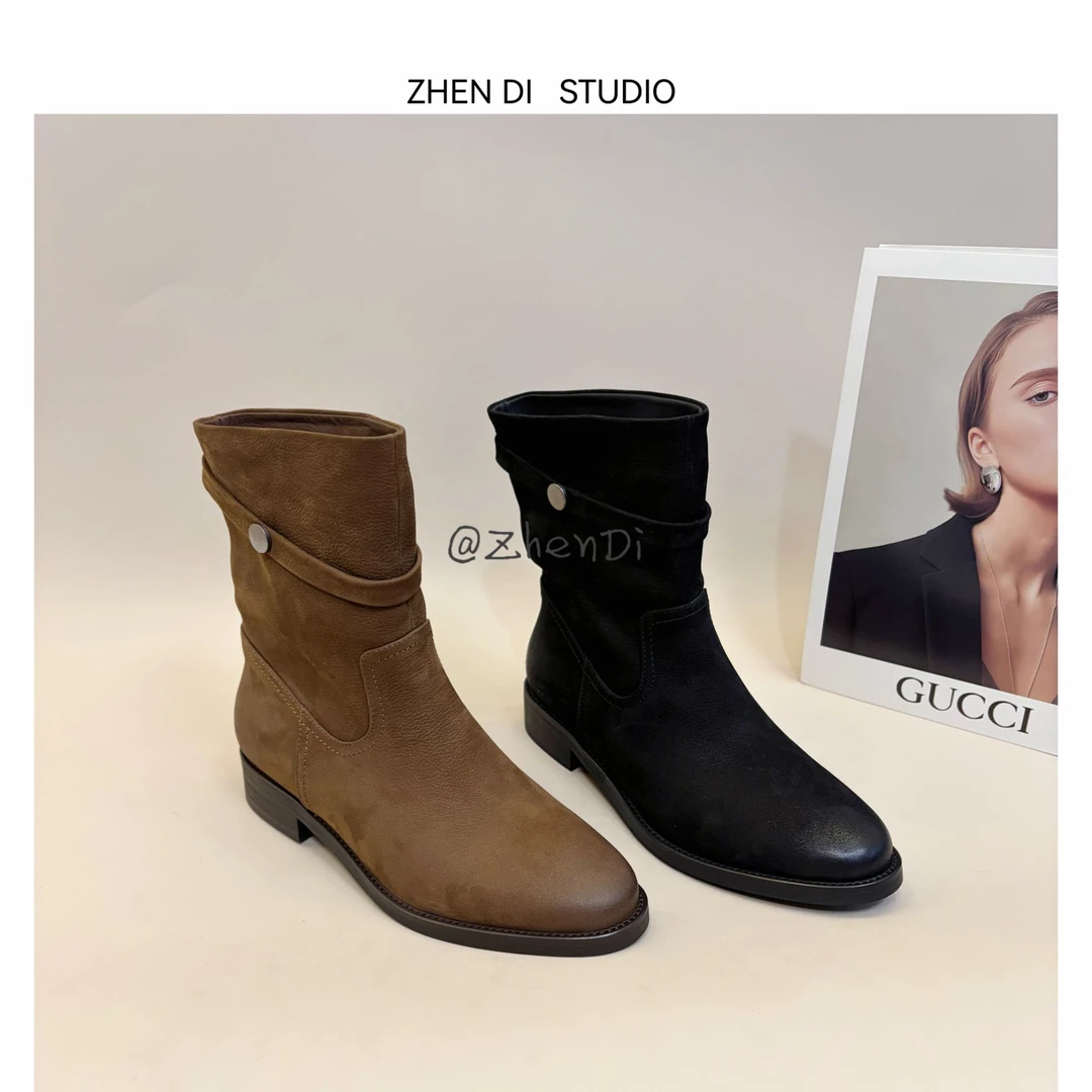 臻弟ZHENDI新款小众设计手工擦色方头英伦风粗跟扣饰短靴KJ51048