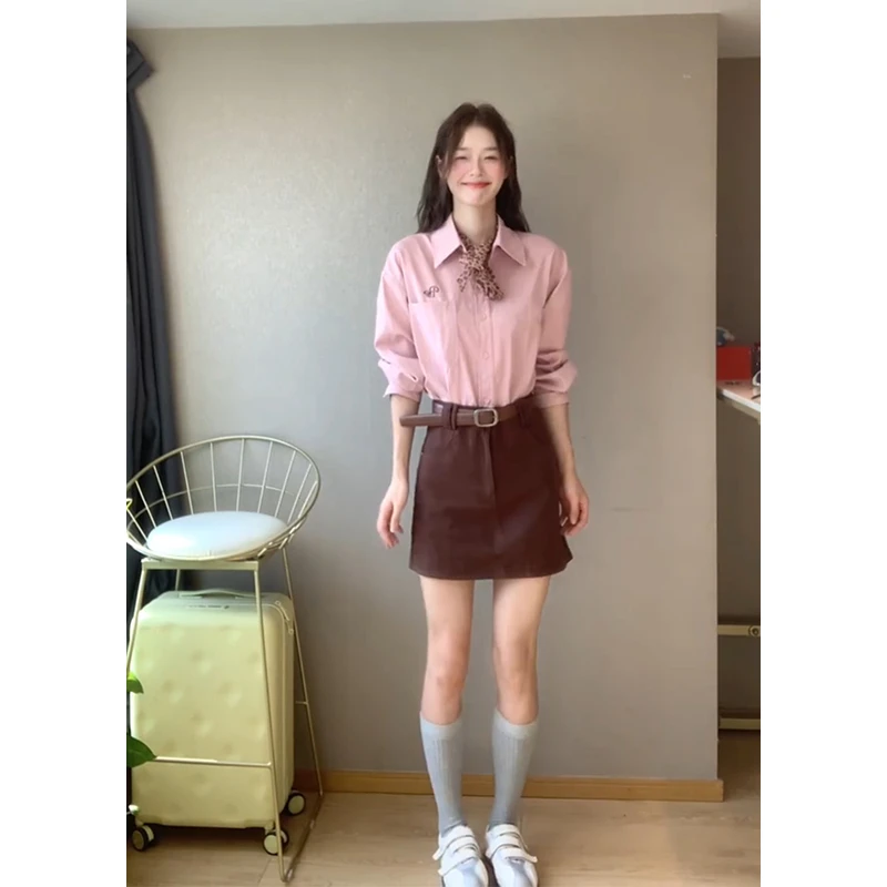 parkyeon粉色POLO领长袖衬衫收腰女高腰显瘦a字包臀半身裙套装