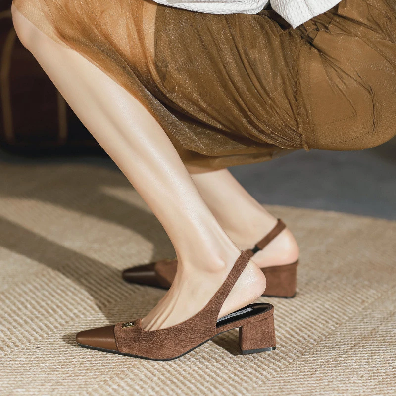 复古时装凉鞋女粗跟2025夏季韩系百搭羊皮绒面拼接包头单鞋女后空