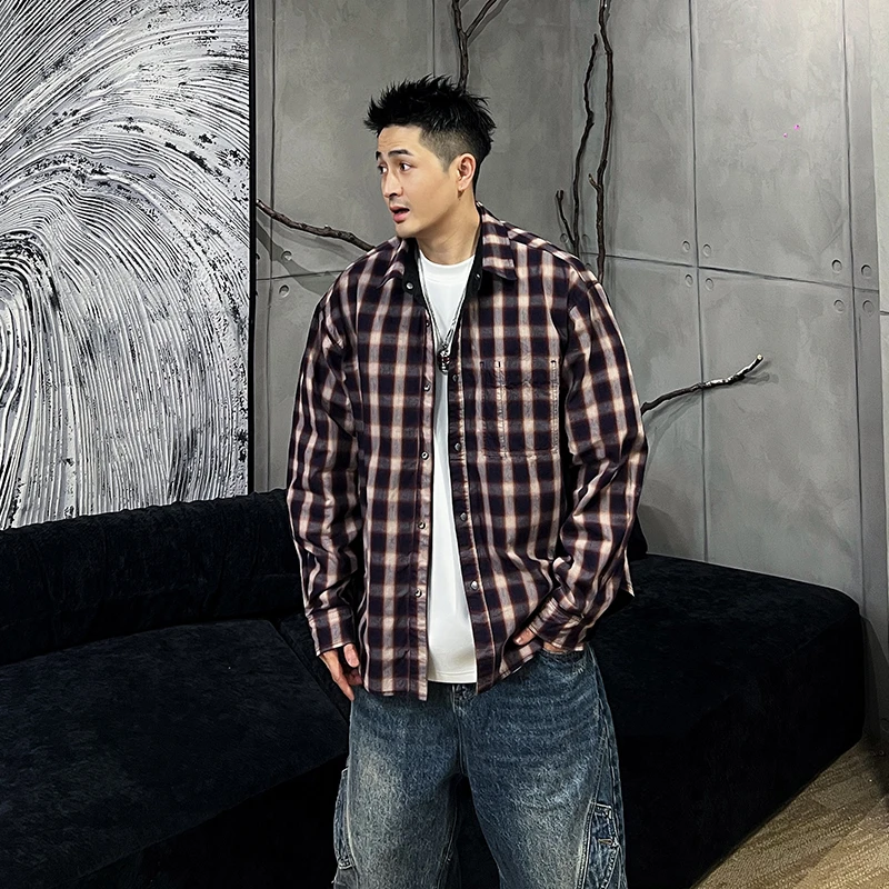 到位男装25ss春季日系水洗纯棉双面穿格子衬衫夹克220258