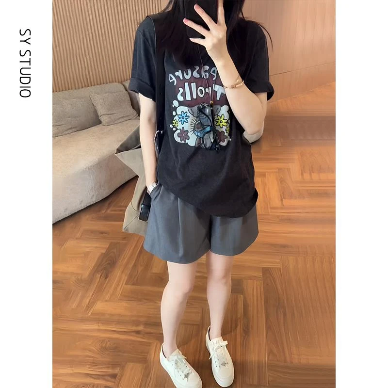 VOCKOO官方夏季减龄一整套穿搭时尚宽松慵懒风印花短袖上衣高腰显