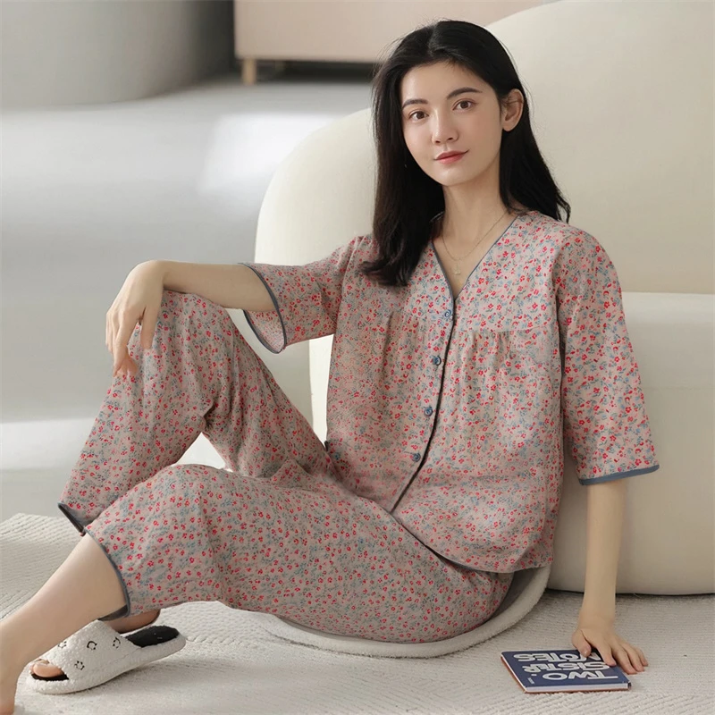 睡衣女士夏季开衫薄款可爱大码春秋款七分袖套装舒适可外穿家居服