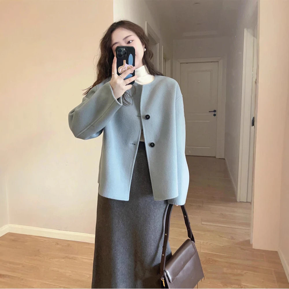 Beauty私服小香风短款毛呢外套年秋冬季新款复古雾霾蓝呢子大衣