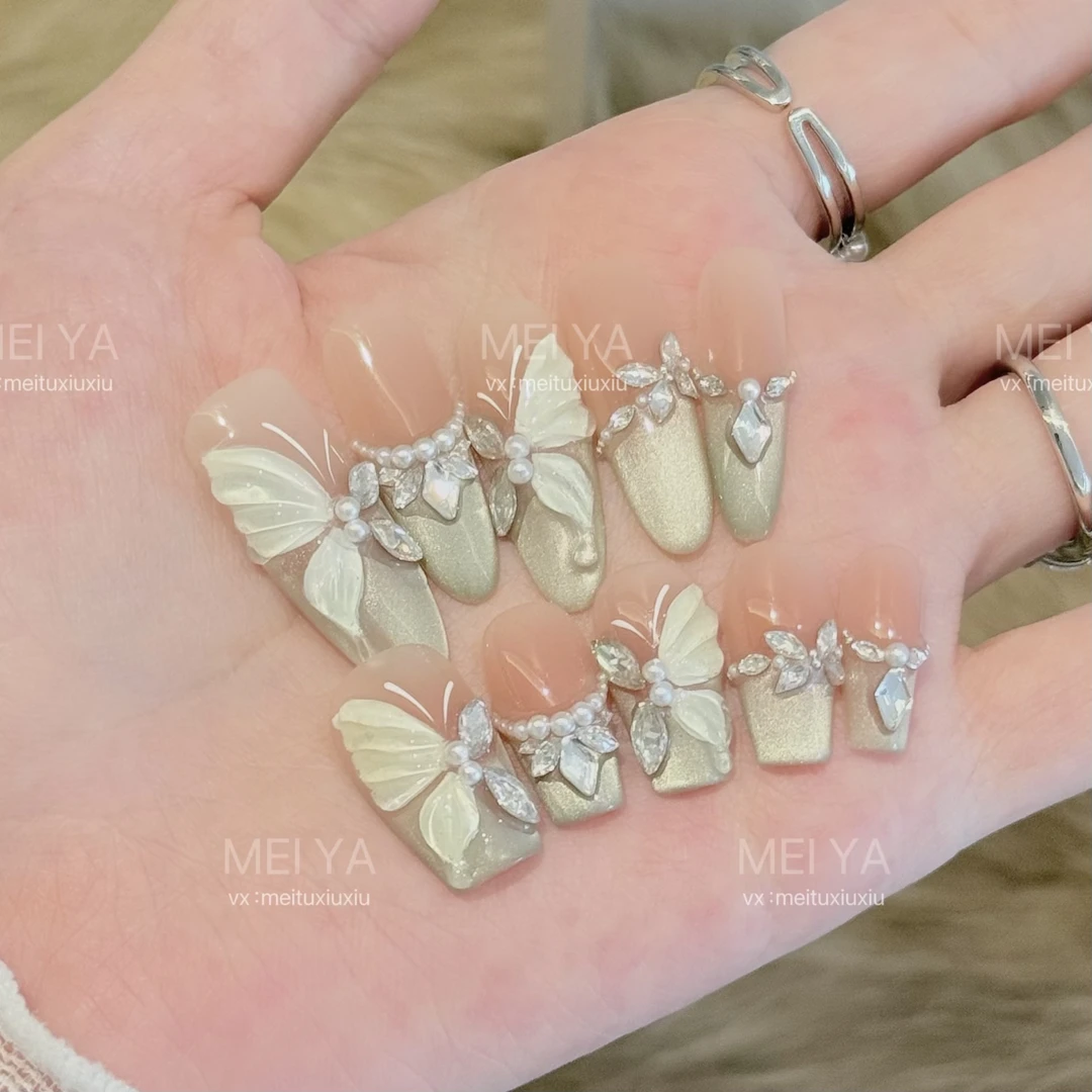 【茉莉】纯手工定制美甲手绘立体蝴蝶拆卸穿戴甲