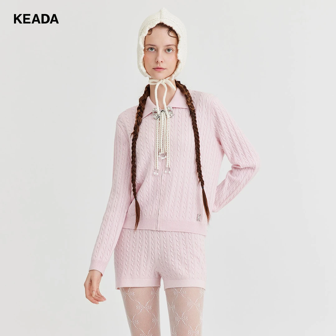 KEADA粉色羊毛针织短外套女长袖拉链翻领针织衫KSN3SU1265