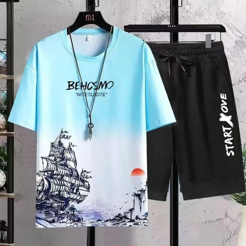 凉快男运动新款夏季t恤休闲百搭短袖透气短裤两件套休闲套装时尚