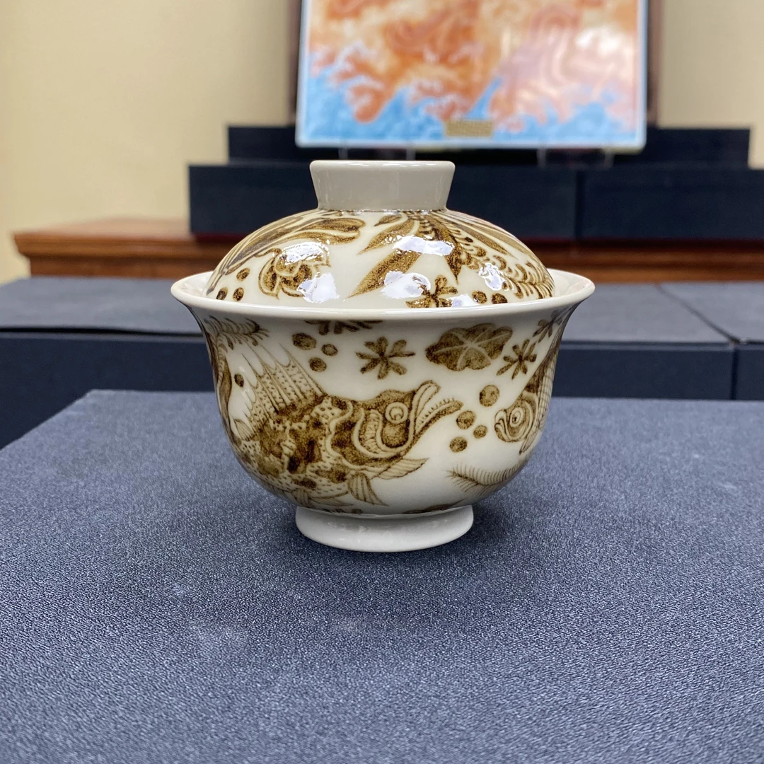 元经秘旨二号釉釉里金鱼藻纹盖碗景德镇手工纯手绘茶具茶干泡