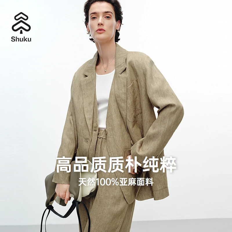 舒库2025年新款天然100%亚麻西装套装时尚休闲短外套