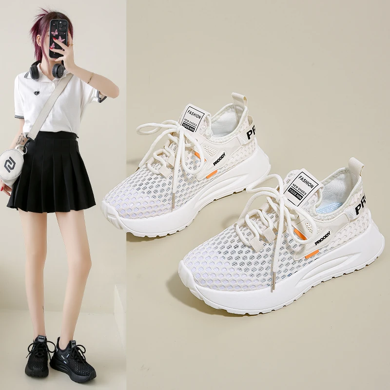 网眼薄款运动鞋女款2025新款夏季镂空网面透气网鞋跑步黑色鞋子女