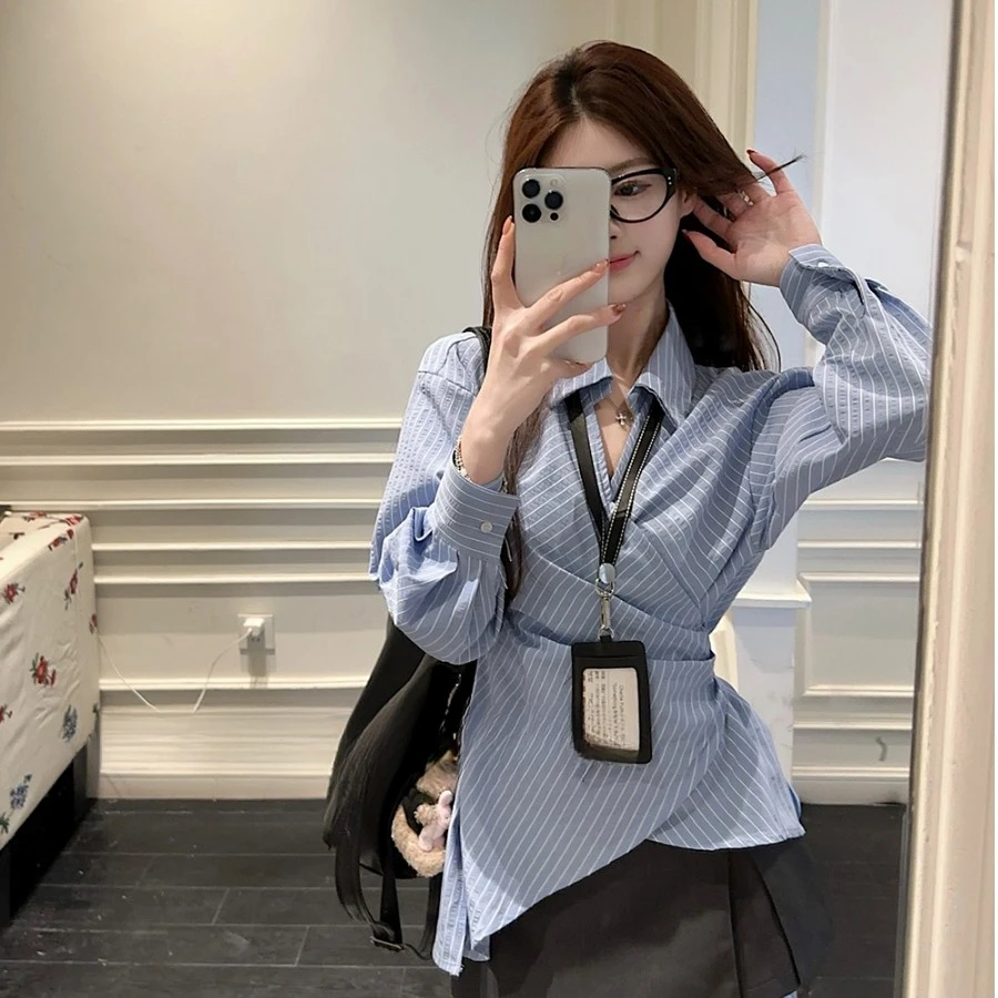 法式不规则侧边系带长袖显瘦衬衫女春季设计感气质条纹直筒型上衣