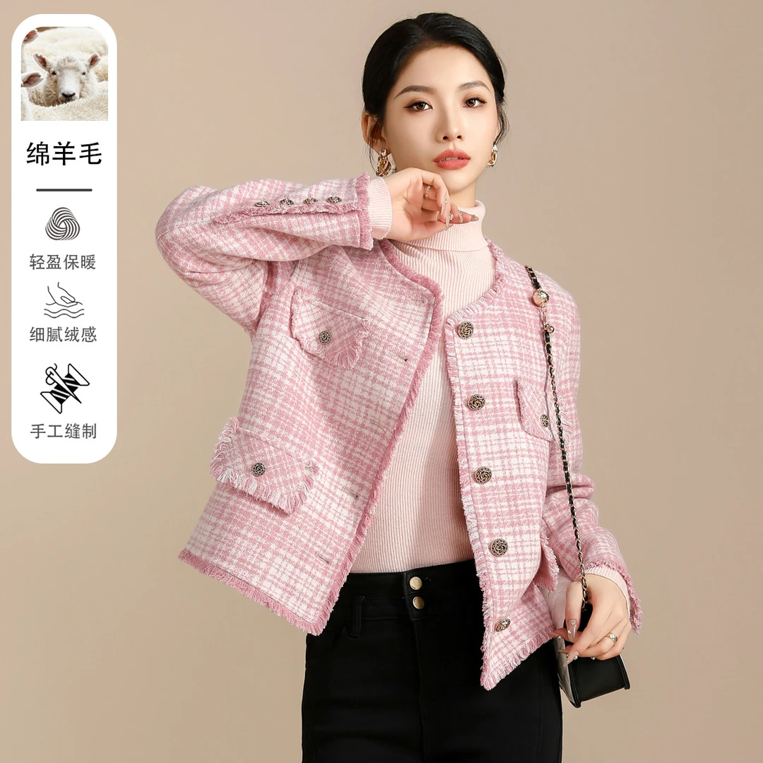 保暖冬季短外套百搭秋冬毛呢外套法式白色轻盈长袖女士小香风气质