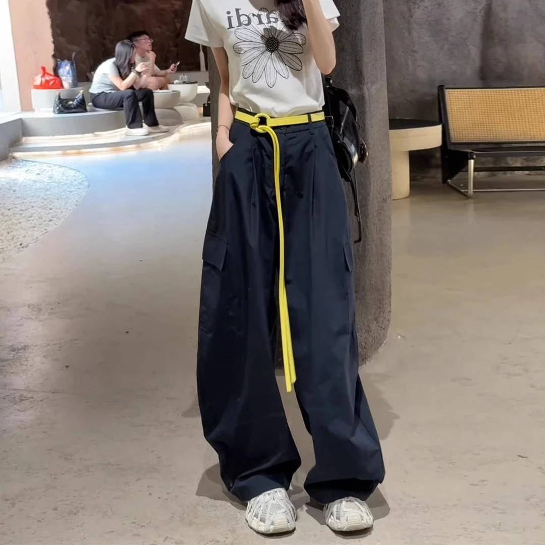 藏蓝色美式工装裤女2025春秋新款宽松显瘦百搭直筒阔腿伞兵弯刀裤