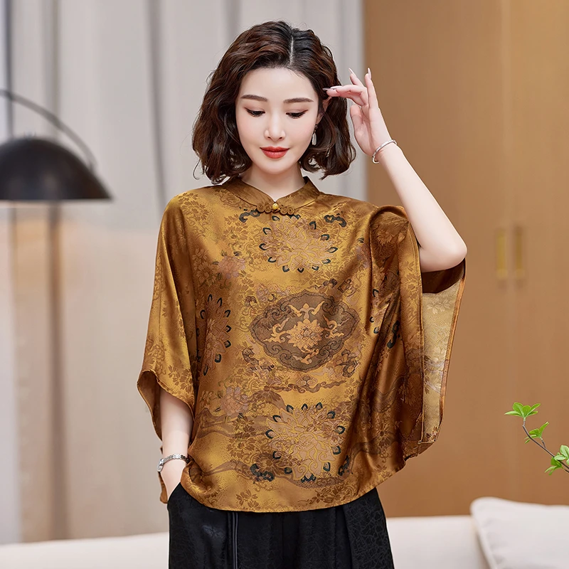中式国风蝙蝠衬衫夏季新款气质复古宽松贵妇人洋气衣服女缎面上衣