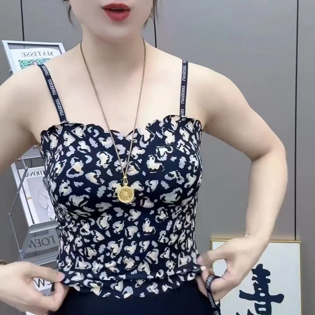 6063新款性感豹纹碎花无痕吊带背心可外穿休闲修身美背打底洋气