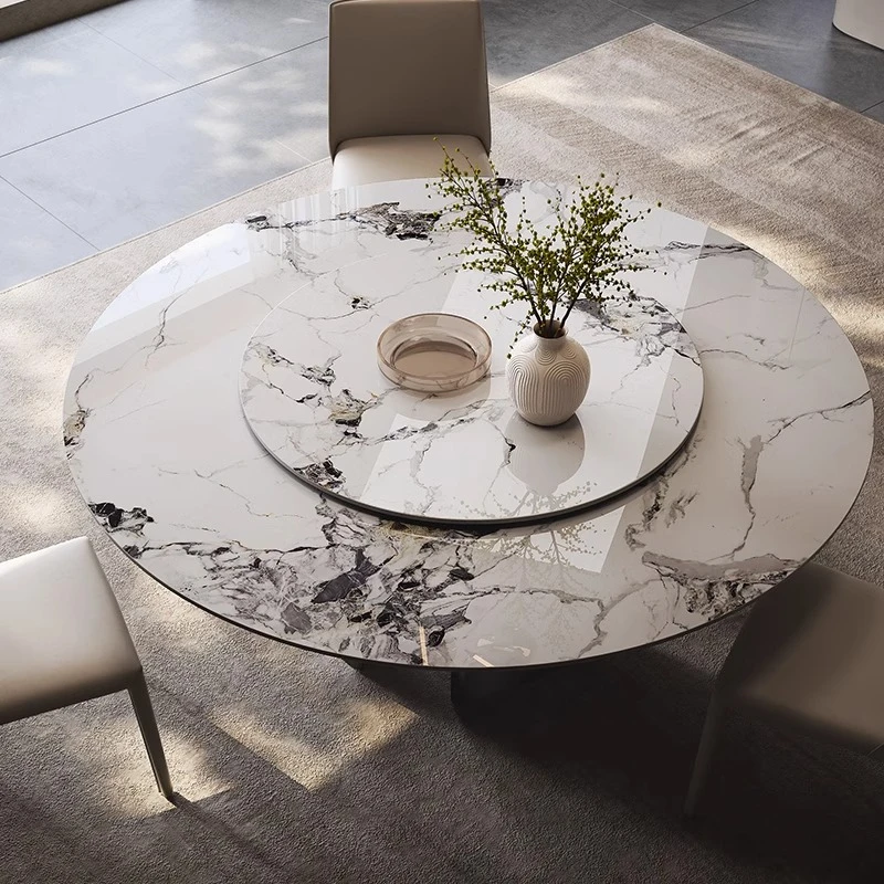 马蹄款式岩板餐桌椅组合现代简约家用带转盘大圆桌电磁炉圆形饭桌