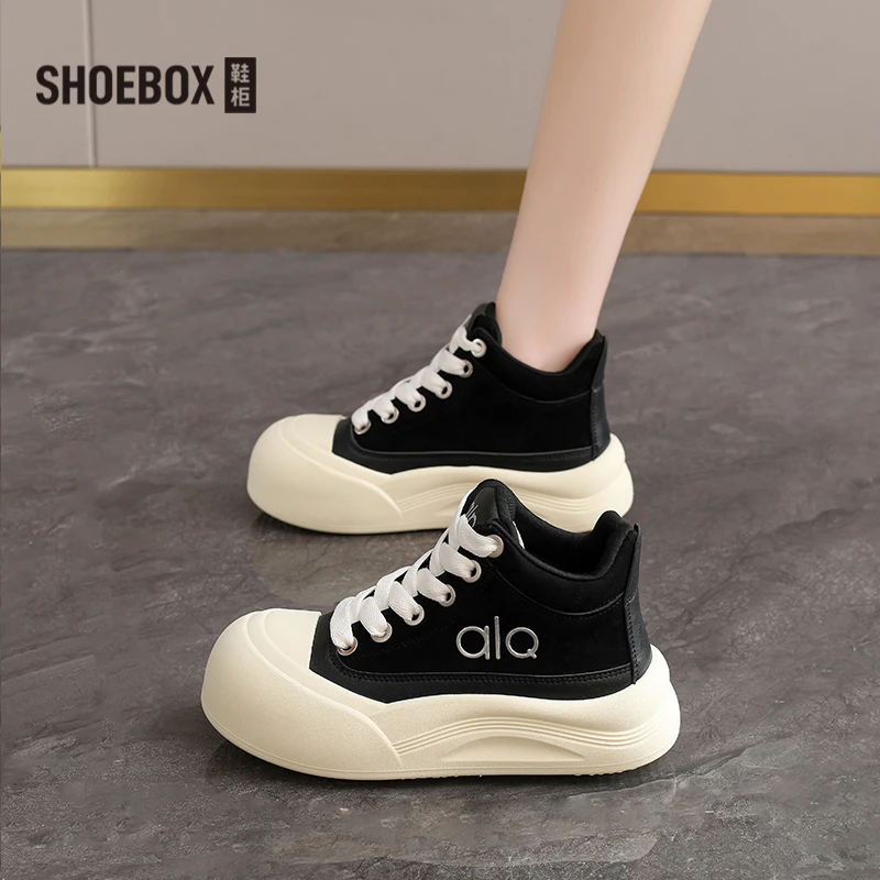 SHOEBOX鞋柜复古高帮鞋女厚底板鞋女款2025年秋季款休闲面包女鞋