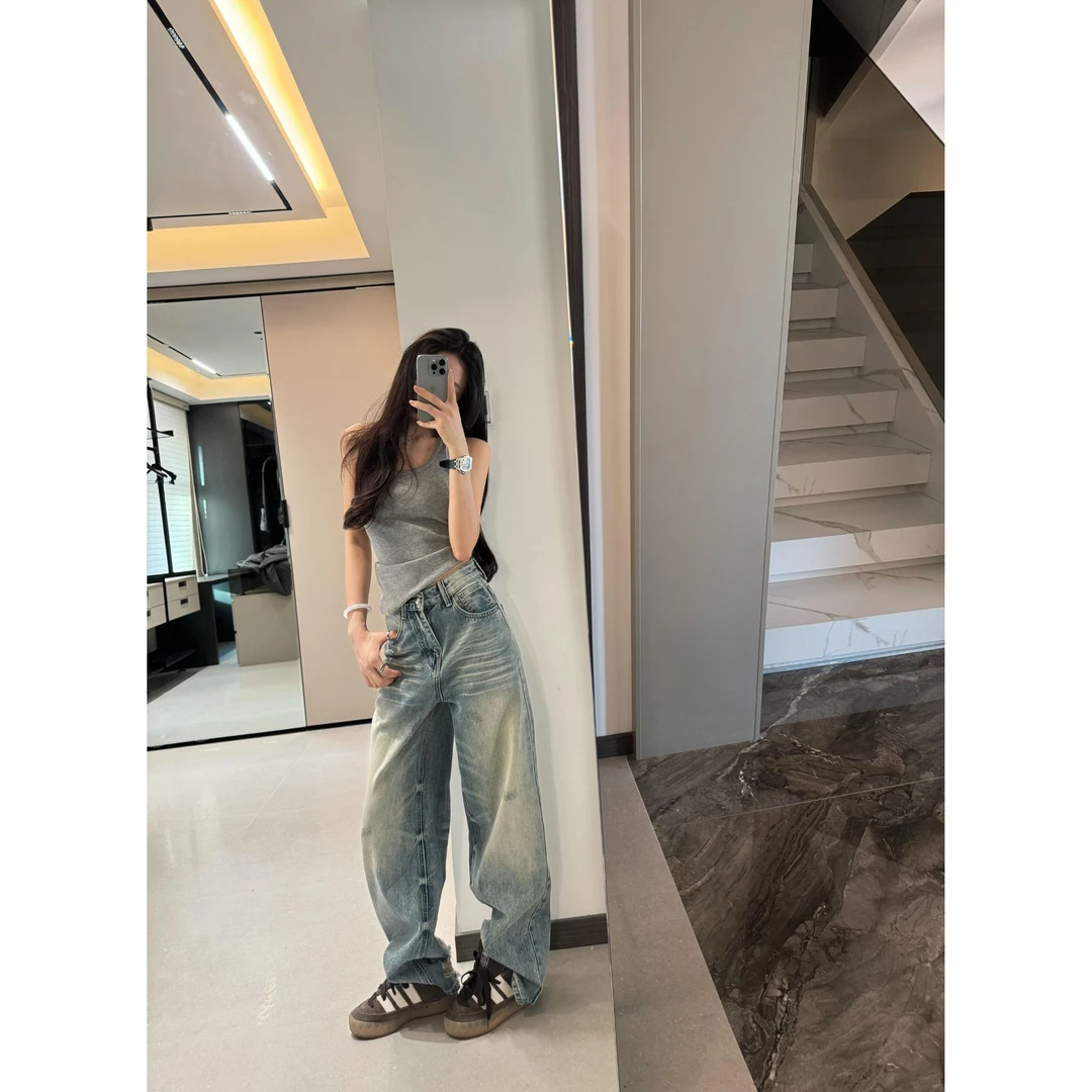 INS CEC修身牛仔裤女早春款复古减龄水洗阔腿裤宽松显瘦拖地裤子