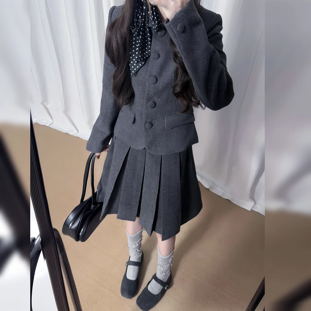 韩系学院风灰色西装套装裙子女秋冬季2025新款小个子巨好看一整套