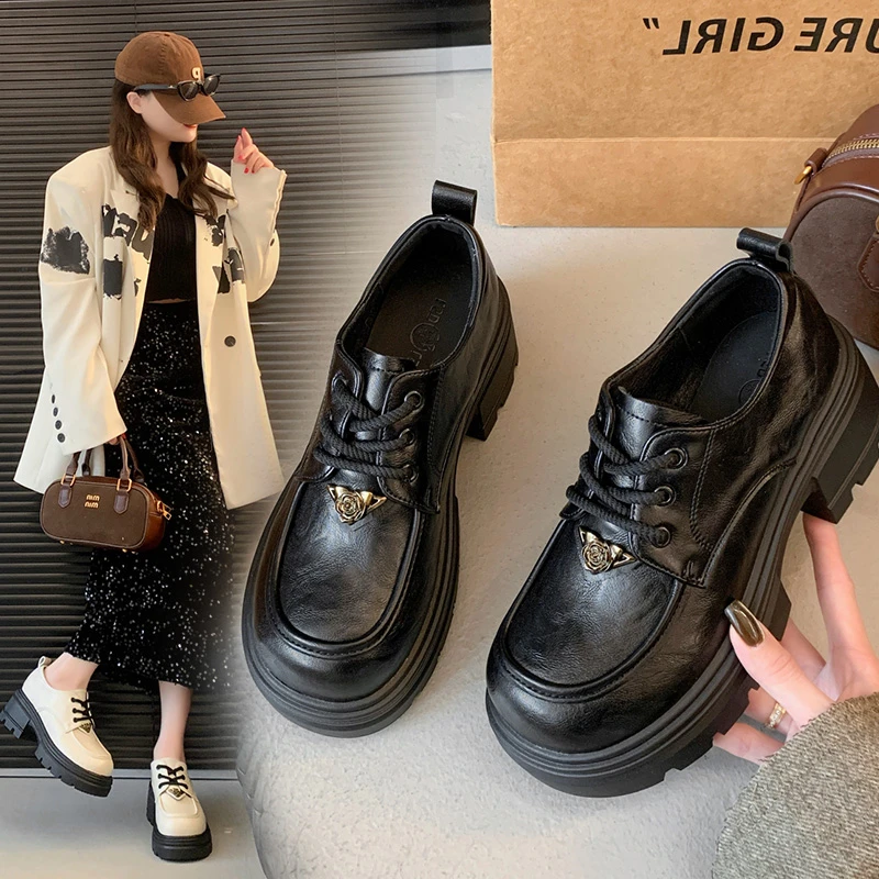 英伦风乐福鞋女2025春季新款粗跟厚底复古时尚小个子玛丽珍小皮鞋