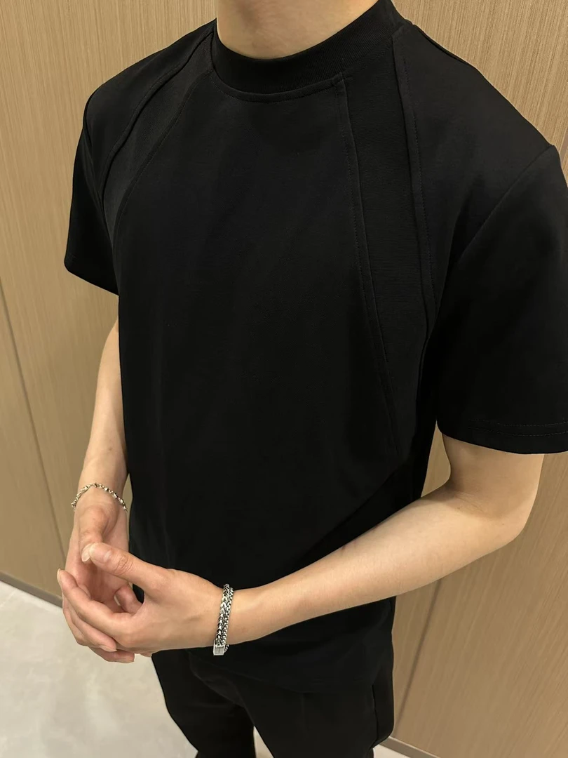 新品上新 正肩t恤男夏季裁剪拼接短袖美式复古百搭小领口半袖