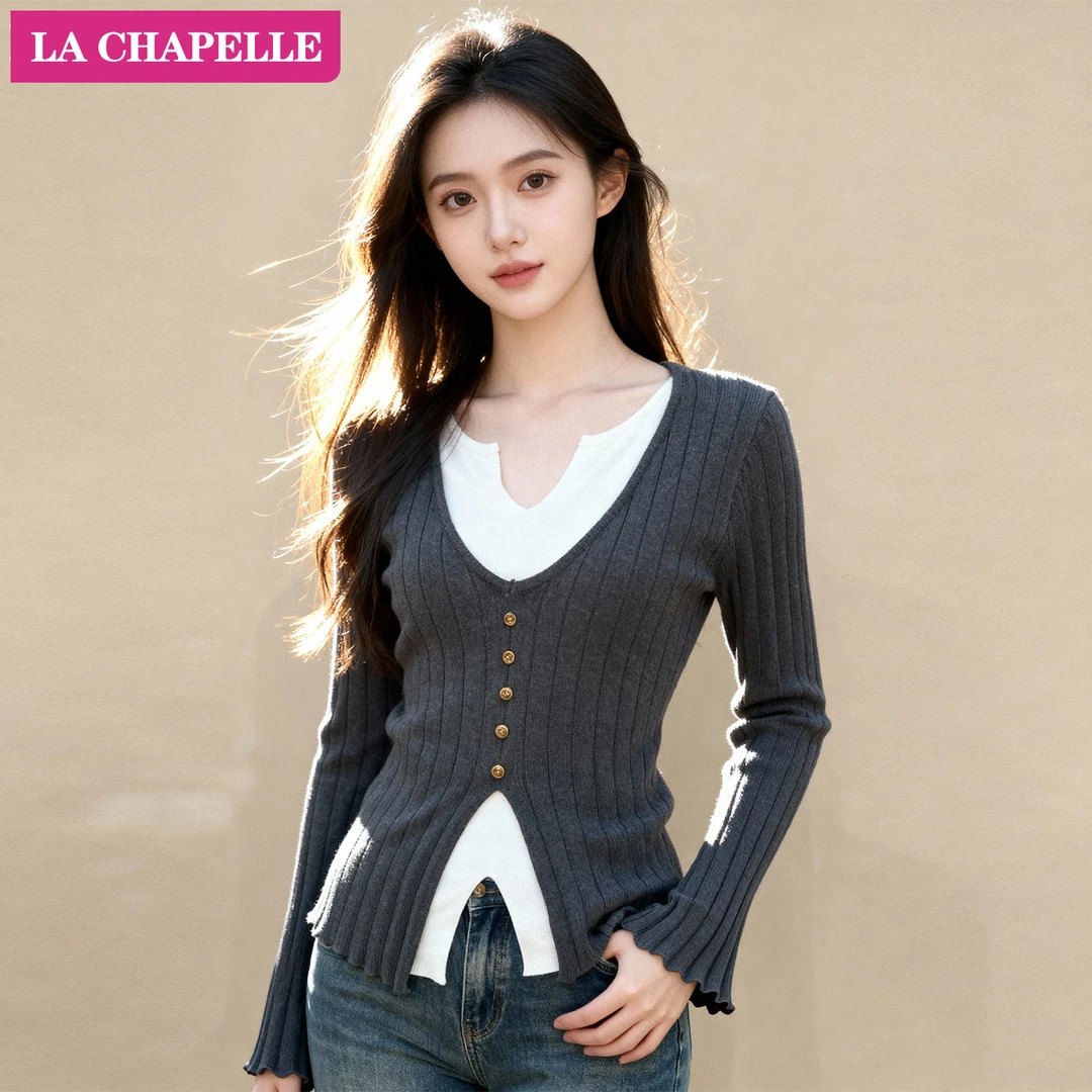 拉夏贝尔时尚假两件喇叭袖长袖针织衫女2025秋冬修身内搭打底毛衣