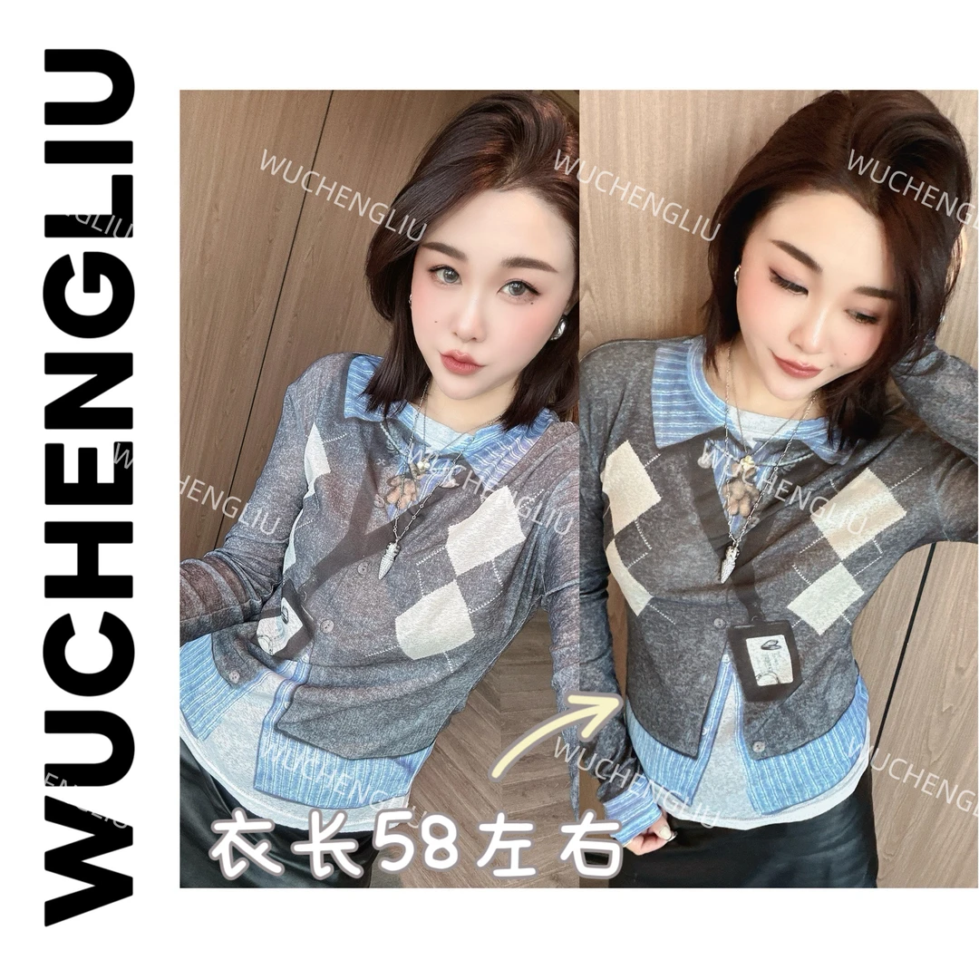 WUCHENGLIU•T858深圳拼色修身显瘦假两件长袖T