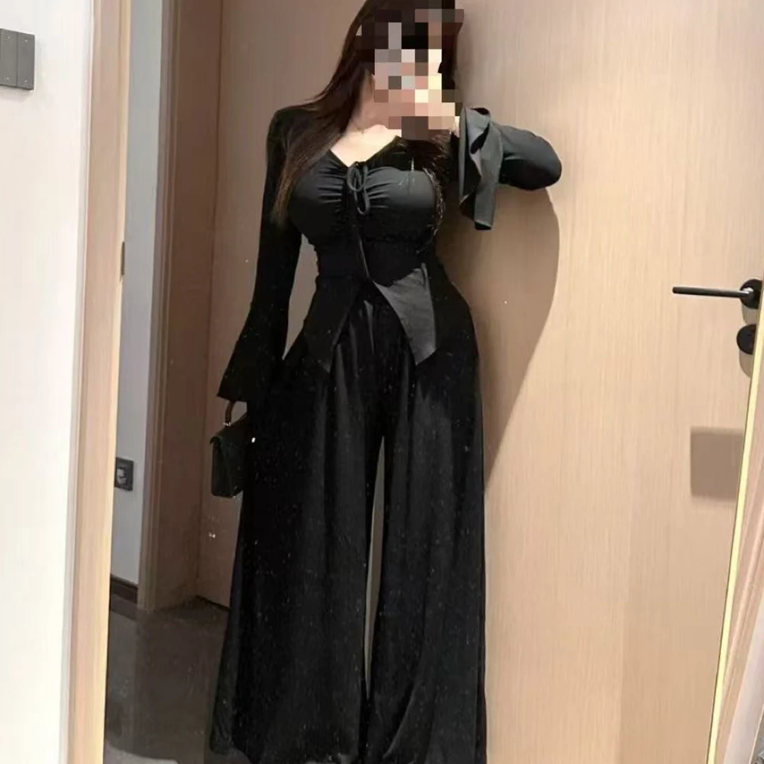 大码胖mm显瘦穿搭一整套女气质V领喇叭袖休闲裤套装1936