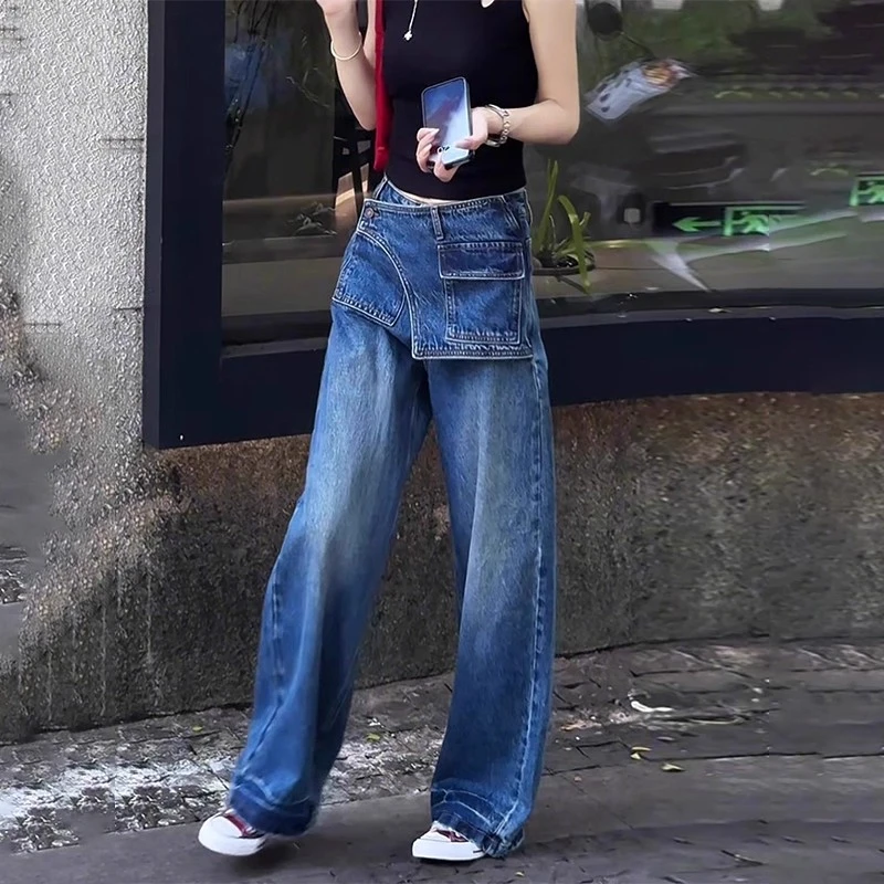 欧货不规则设计阔腿牛仔裤女2025秋季新款大码胖mm宽松直筒拖地裤