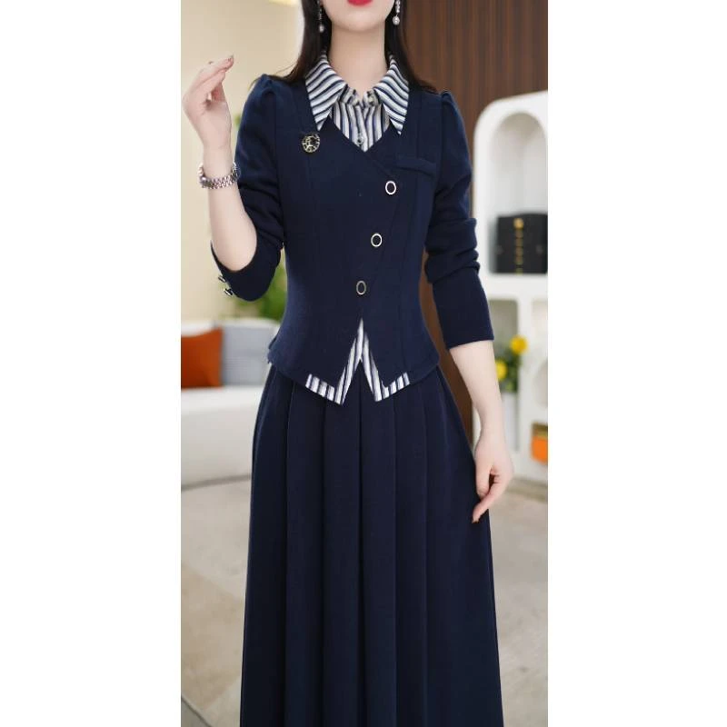 【上下两件套】春季设计感翻领时尚气质修身显瘦两件套套装裙M-4XL