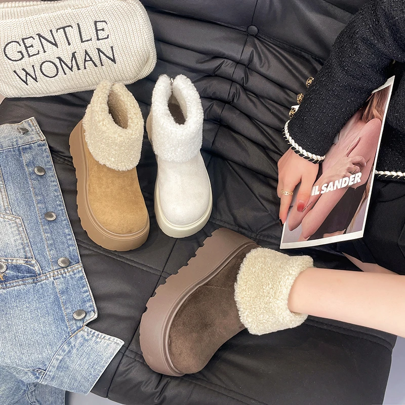 松糕厚底雪地靴女款2024新款冬季加绒加厚勃肯棉鞋增高保暖短靴
