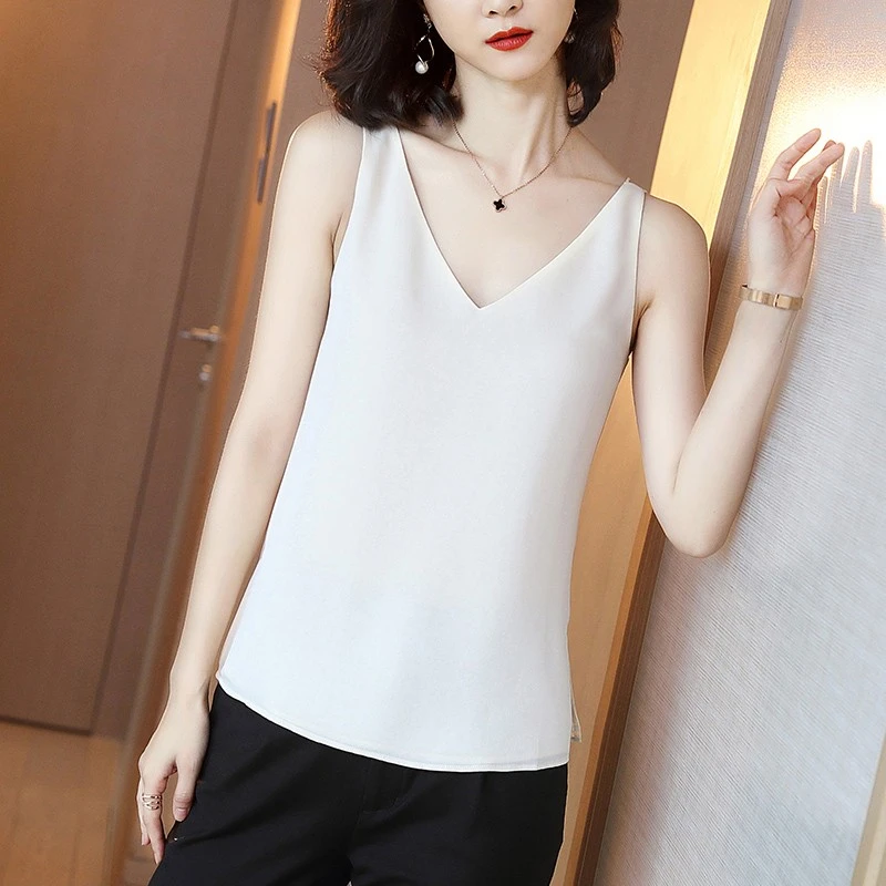 清度重磅双乔缎真丝吊带背心女V领时髦细肩带双层桑蚕丝打底上衣