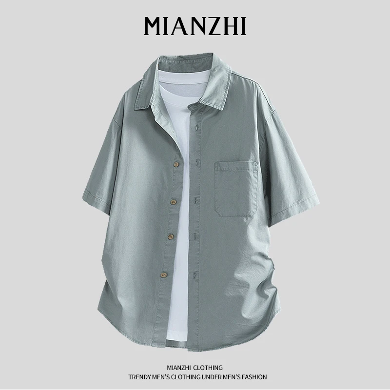棉致短袖衬衣男士纯棉宽松夏季时尚日系透气衬衫韩版翻领工装T恤