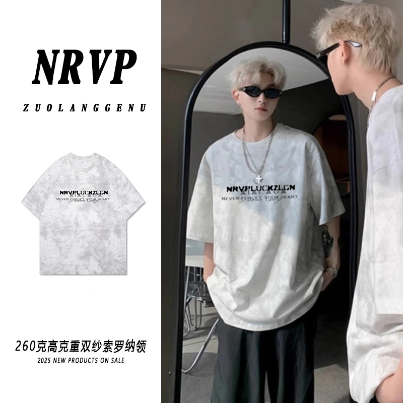 运补潮牌新款纯棉短袖t恤男小众字母ins印花扎染潮流设计圆领上衣