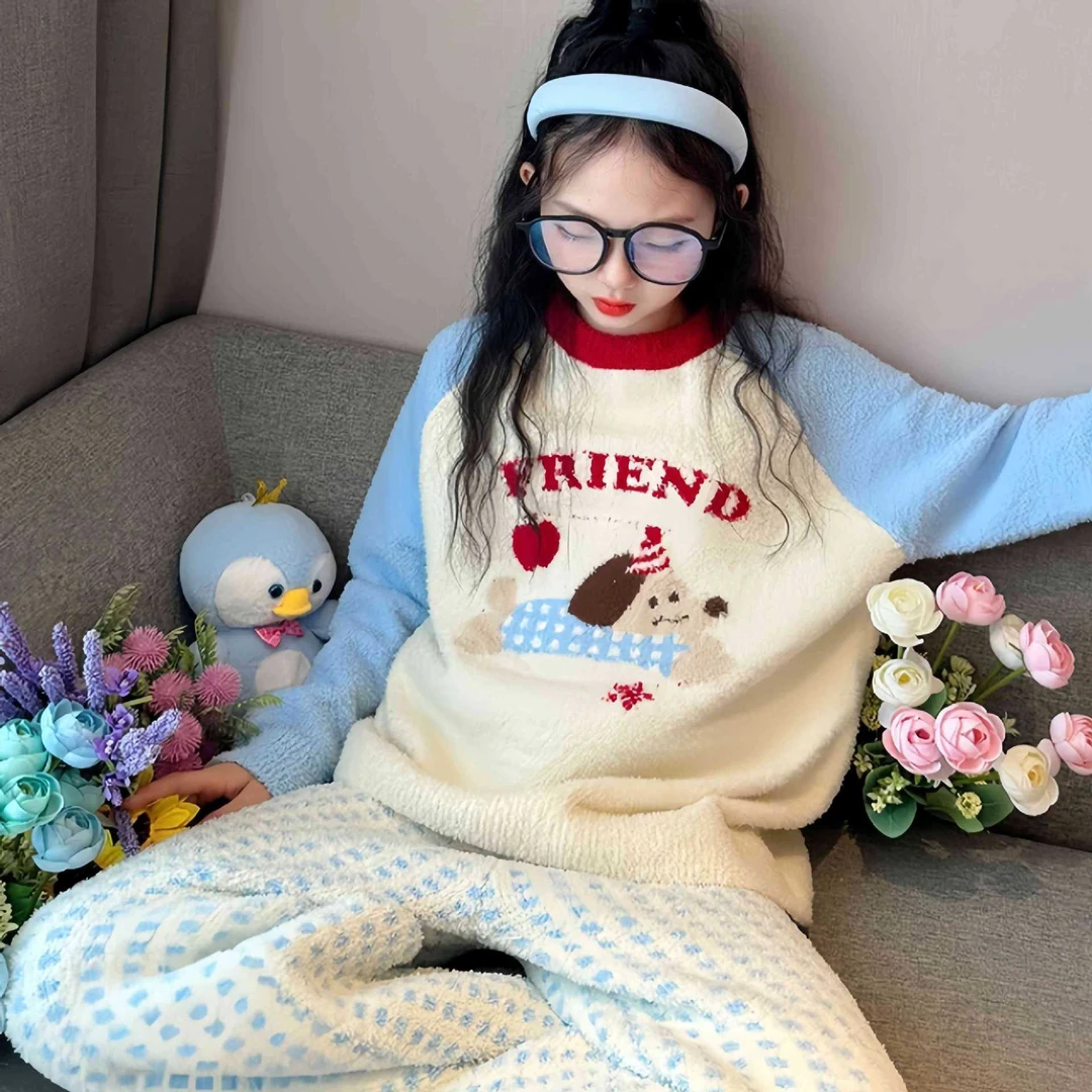 儿童睡衣女童中大童秋冬保暖加厚女孩半边绒长袖洋气家居服套装潮