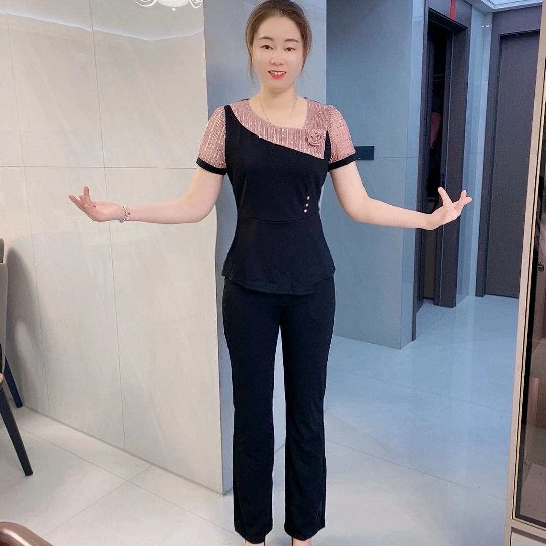 【十姐妹推荐】2025夏季新款时尚轻奢气质高雅修身显瘦微喇裤套装