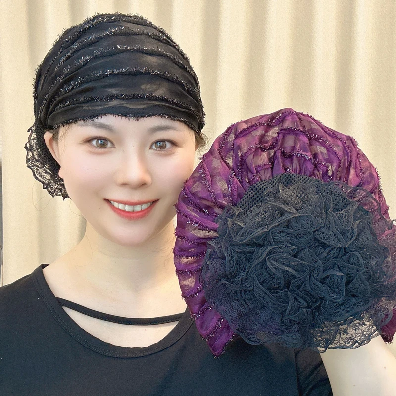 超薄夏季包头帽子女盘花帽洋气百搭妈妈帽透气束发