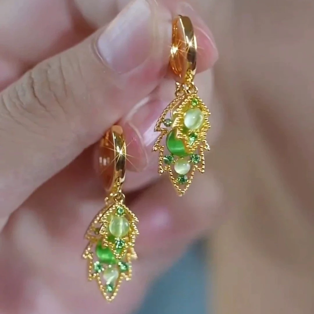 铜合金耳饰 925银针锆石耳饰 金枝玉叶夏季新款绿色时尚百搭耳饰