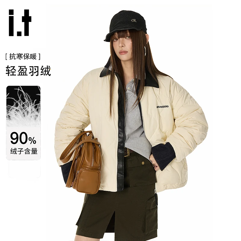 i.t GROUNDZERO大身波浪纹设计90白鸭绒情侣款绣花休闲羽绒服