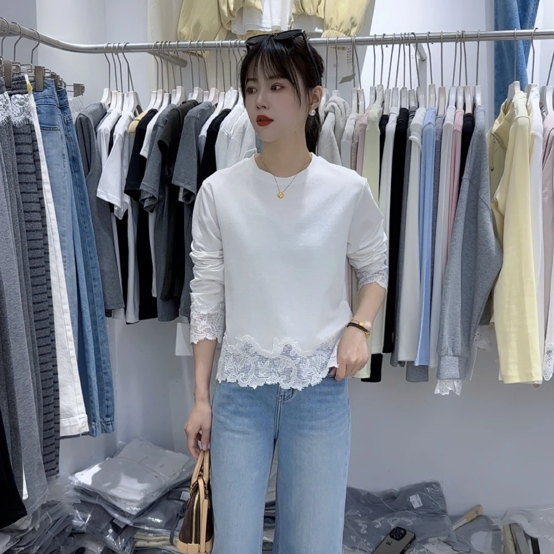 2025春季新款拼接蕾丝长袖韩版宽松圆领休闲T恤女春秋打底衫潮