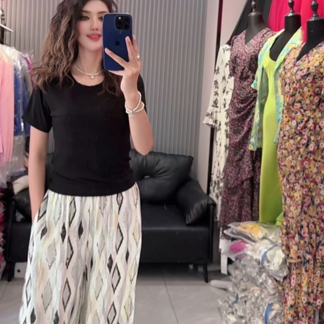 椰林海风复古度假风菱格印花宽松高腰阔腿休闲裤