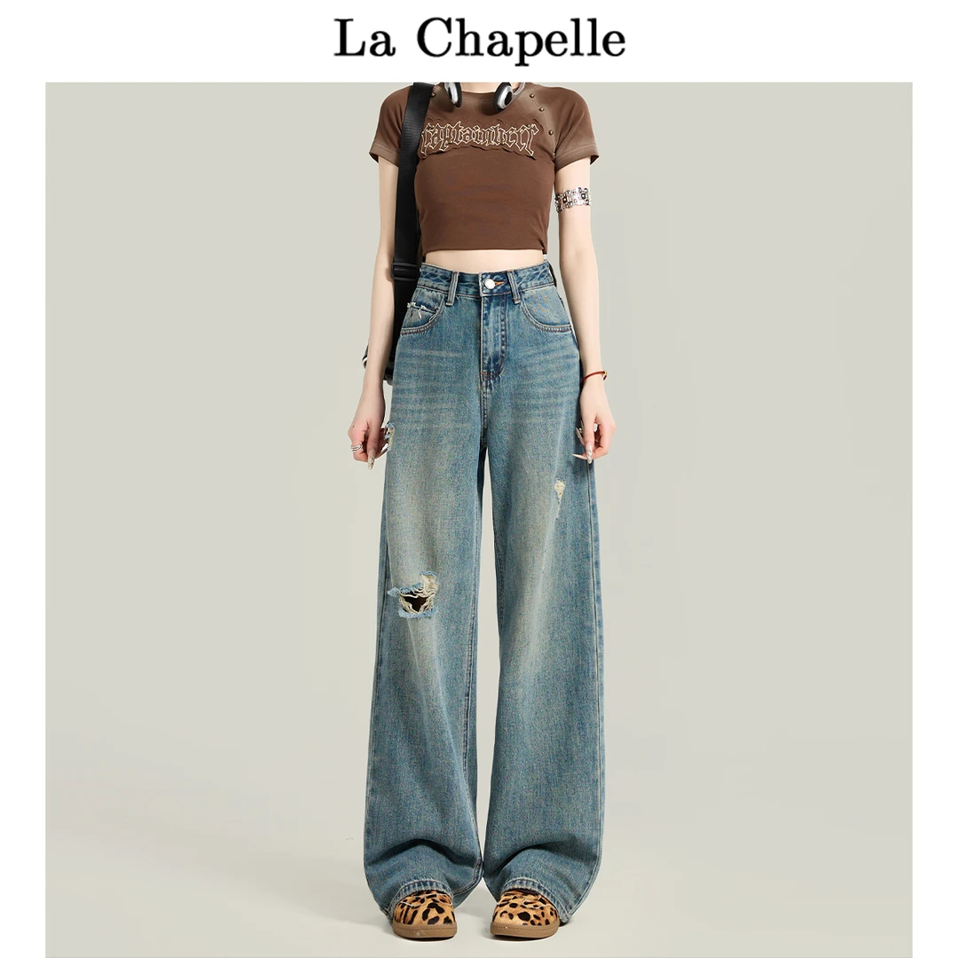 拉夏贝尔美式复古破洞牛仔裤女2025夏季新款高腰宽松显瘦阔腿裤