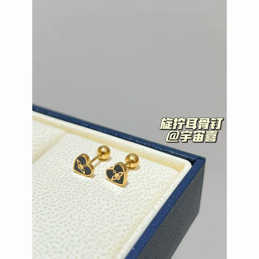 钛钢珐琅耳饰 L4-016【钛钢爱心黑金星球耳骨钉】一对