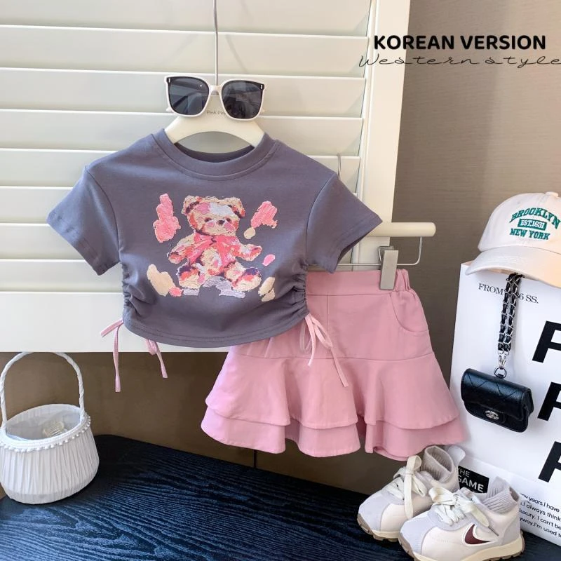 韩版女童可爱t恤套装夏季新款抽绳上衣韩版甜辣风半身裙两件套潮