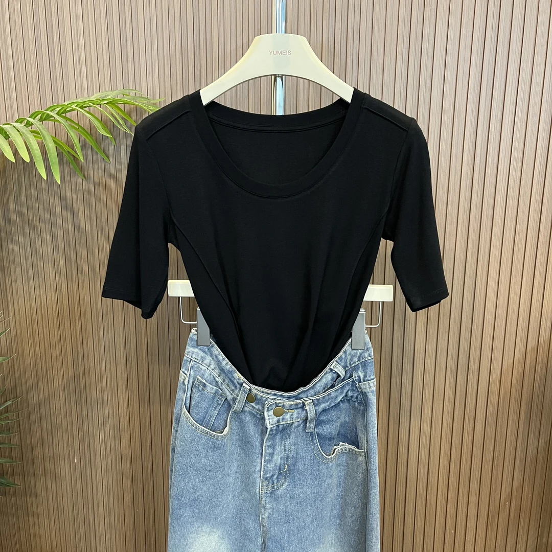 圆领气质中袖螺纹显瘦针织时尚百搭显瘦夏季简约纯色小众设计感