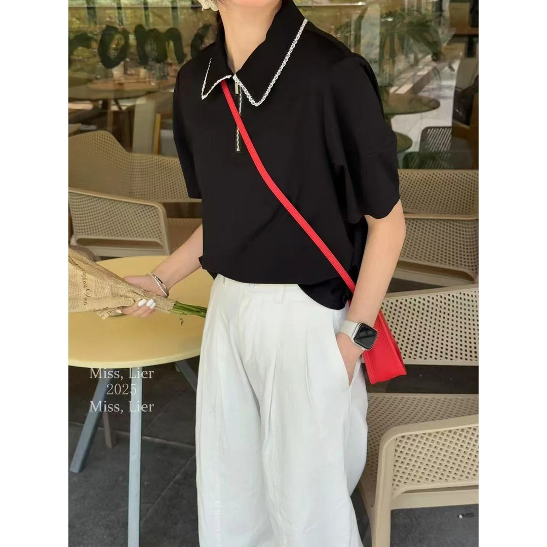 套头蕾丝翻领短袖小衫ZBS33480衣长50